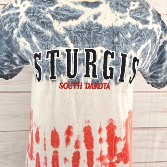 Vintage Embroidered Sturgis Rally Tee in Red, White, and Blue Tie Dye Size Small - Picture 2 of 8